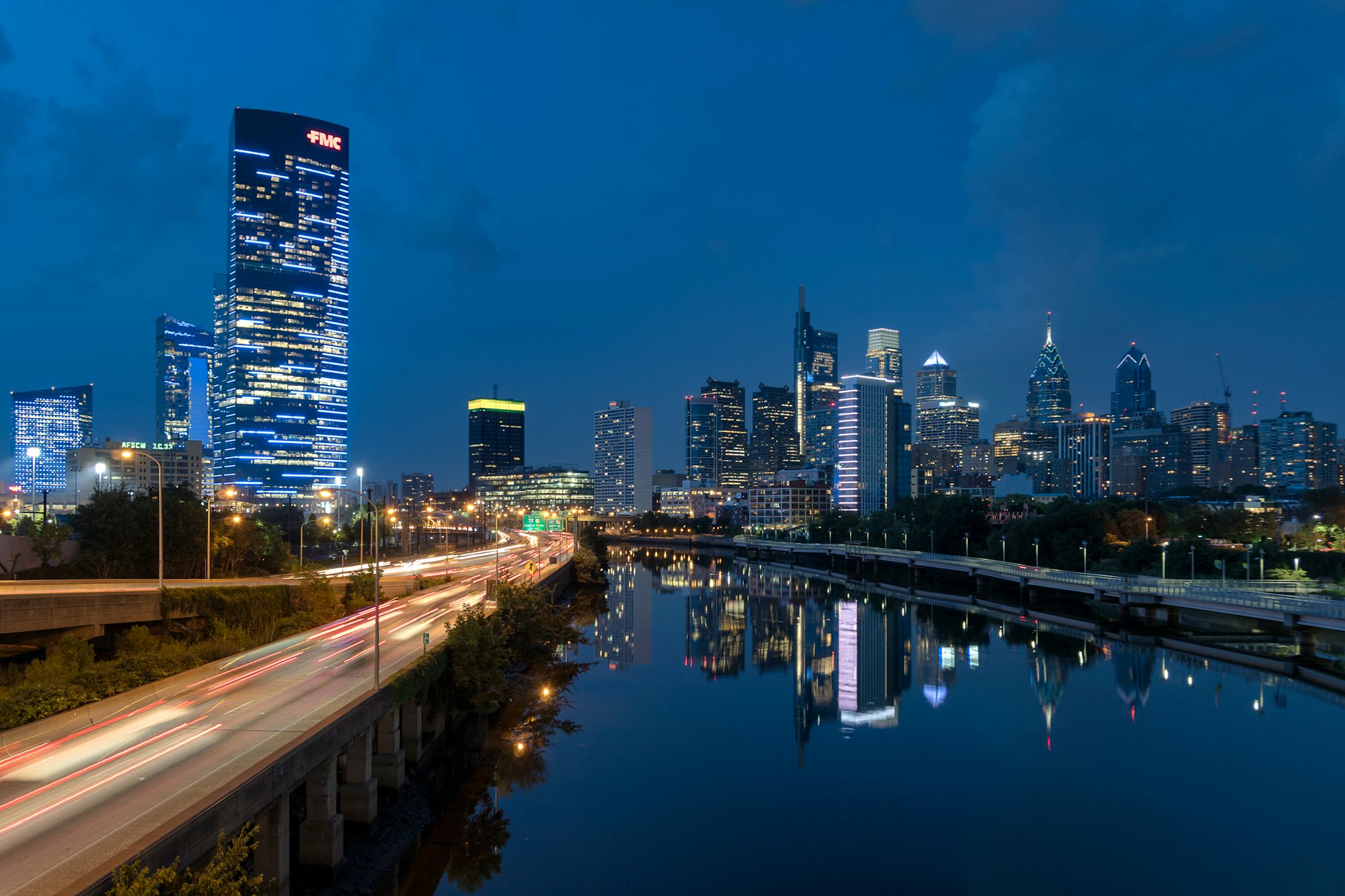 Philadelphia skyline at night reflected in the Schuylkill River